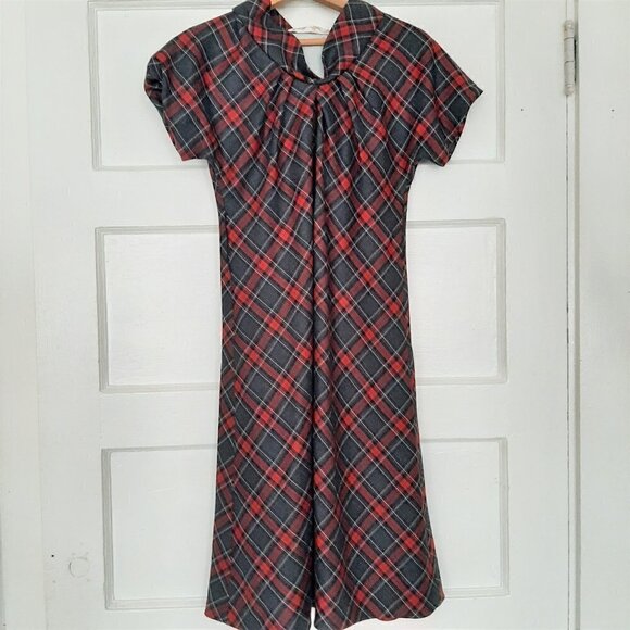 Mary Jane Italy Indie Designer Red Plaid Belted Vintage Inspired Wool Dress - Picture 2 of 8